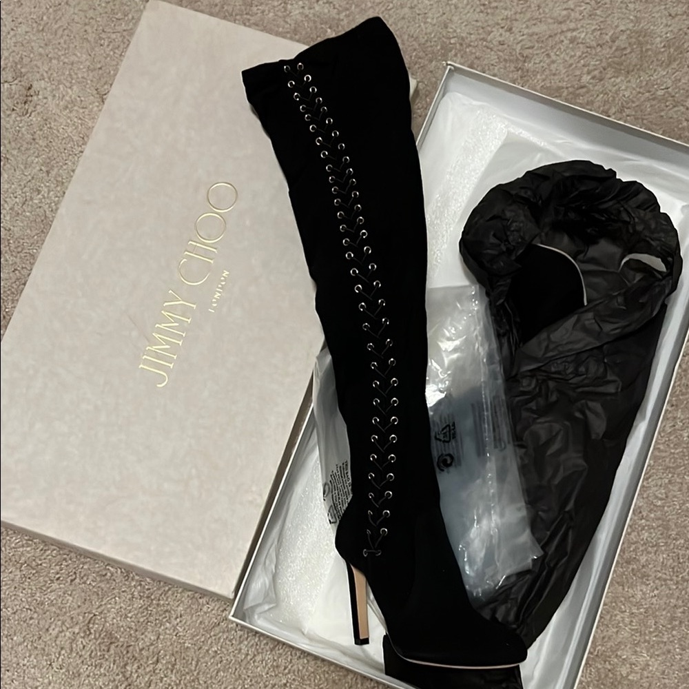 New Jimmy Choo Marie Black Lace-Up Over-the-Knee Boots